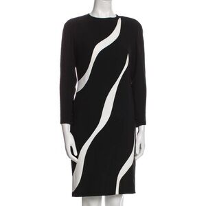 🥑Bill Blass Vintage Black & White Graphic Wave Dress Long Sleeve Knee-Length